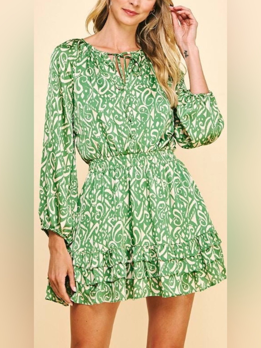 PINCH - Fun Colorful Print Satin Tiered Long Sleeve Lined Mini Dress Size Small